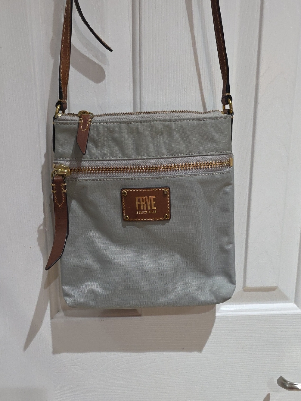 FRYE Gray Crossbody Bag with Brown Leather Trim